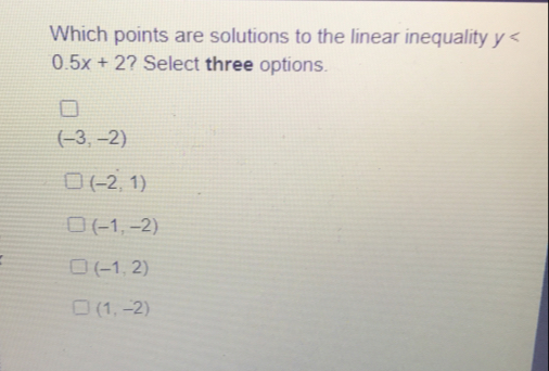 Which points are solutions to the linear inequality y< 0.5x+2 ? Select three options. -3,-2 -2,1 -1,-2 -1,2 1,-2