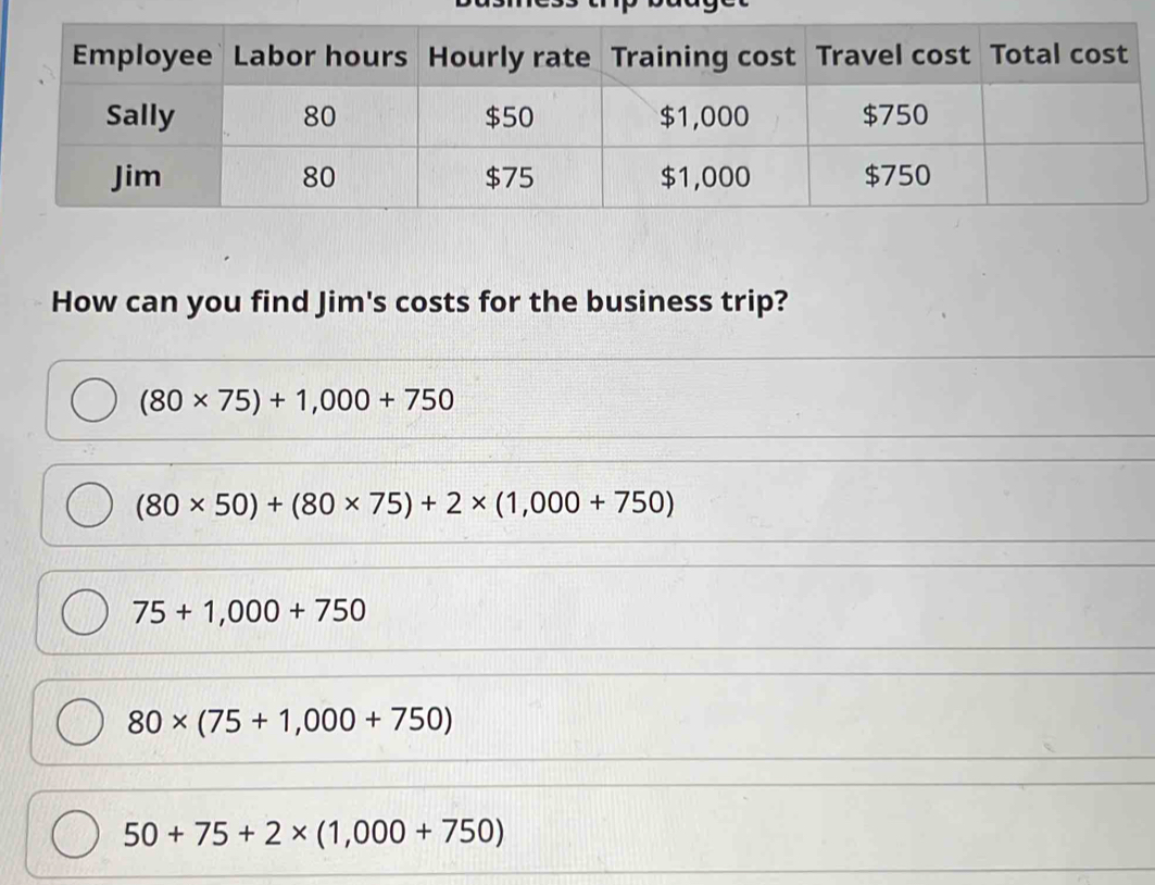 How can you find Jim's costs for the business trip? 80 * 75+1,000+750 80 * 50+80 * 75+2 * 1,000+750 75+1,000+750 80 * 75+1,000+750 50+75+2 * 1,000+750
